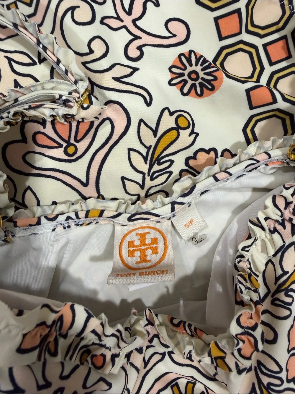 Tory Burch Cream One-Piece Swimsuit with Orange and Brown Floral Tile Print